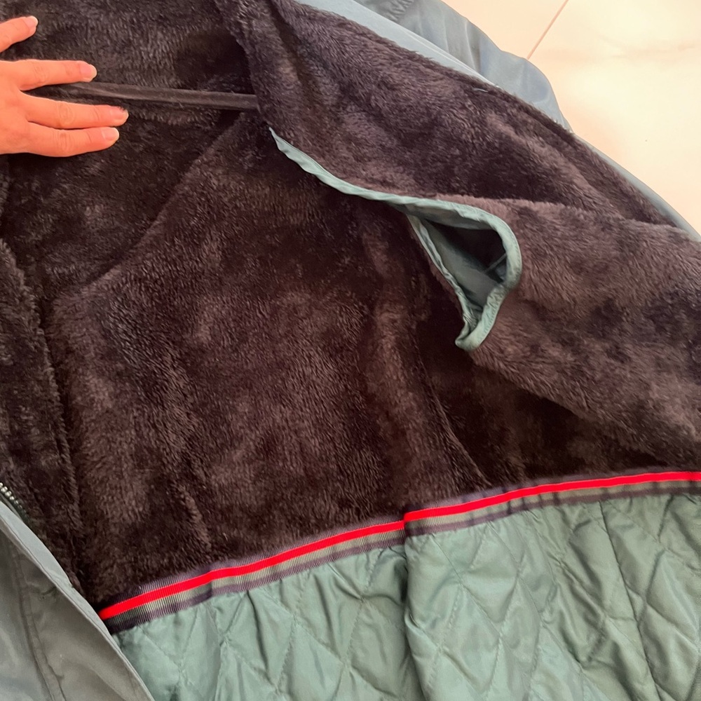 Teal green Long Hooded Coat with detachable Fur Trim - Picture 7 of 11